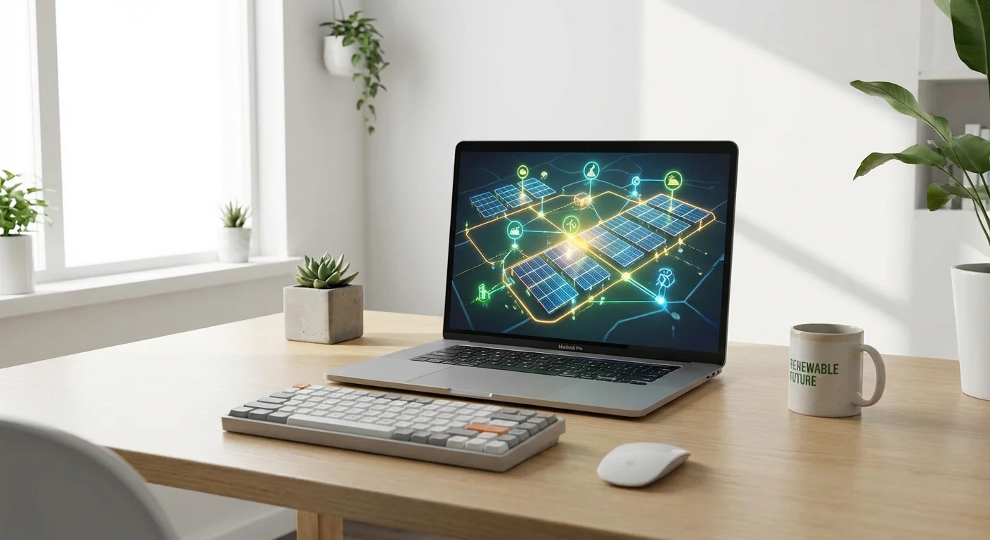 A 3D render of a laptop showing a map of local community solar projects.