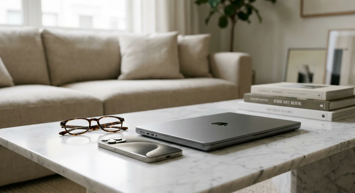A laptop and smartphone side-by-side on a coffee table in a bright room.