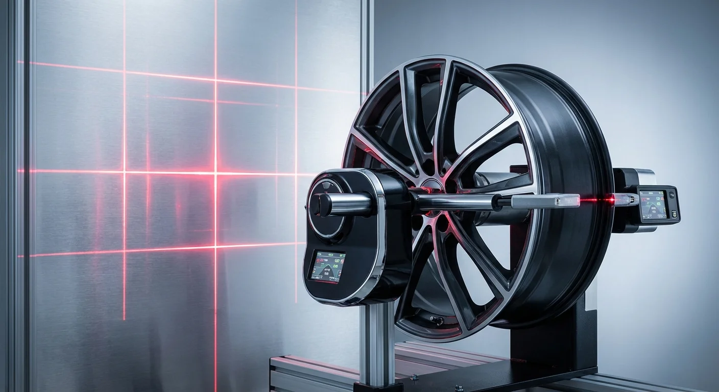 A laser alignment tool attached to a car wheel in a professional shop.