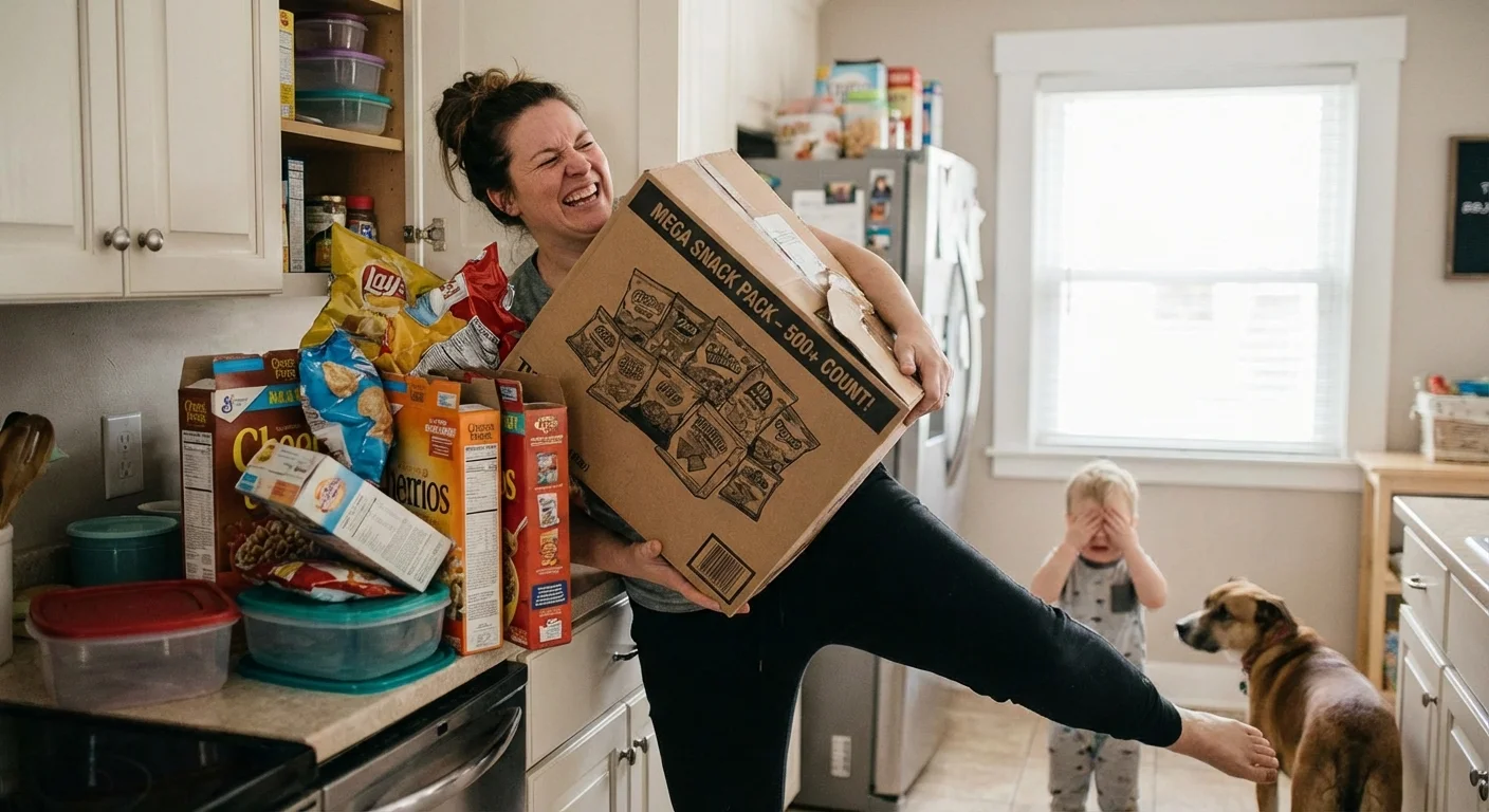 A parent struggling to fit a giant box of snacks into a crowded kitchen cabinet.