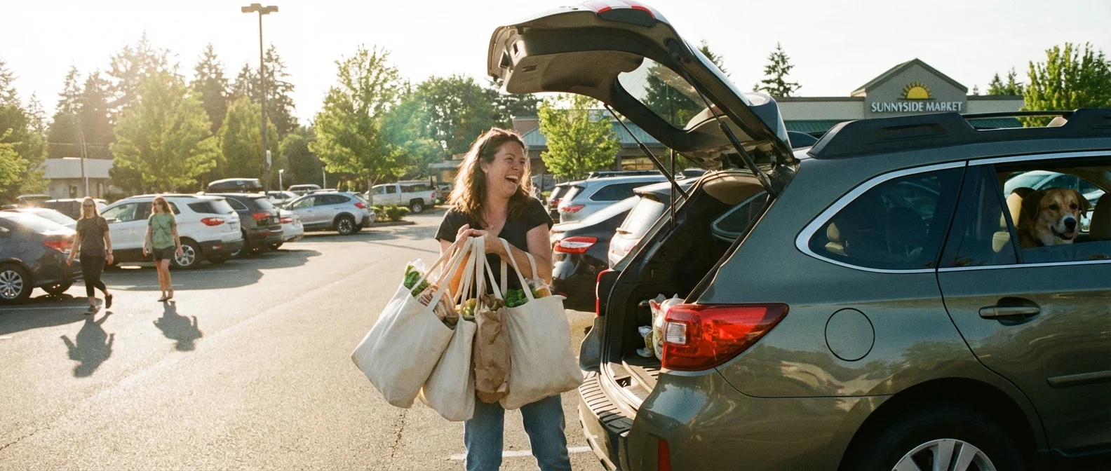 A person loading groceries into a car trunk, representing travel and time costs.