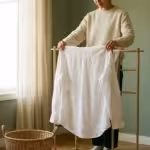 A person hanging white laundry on a wooden drying rack in a sun-filled, modern room.