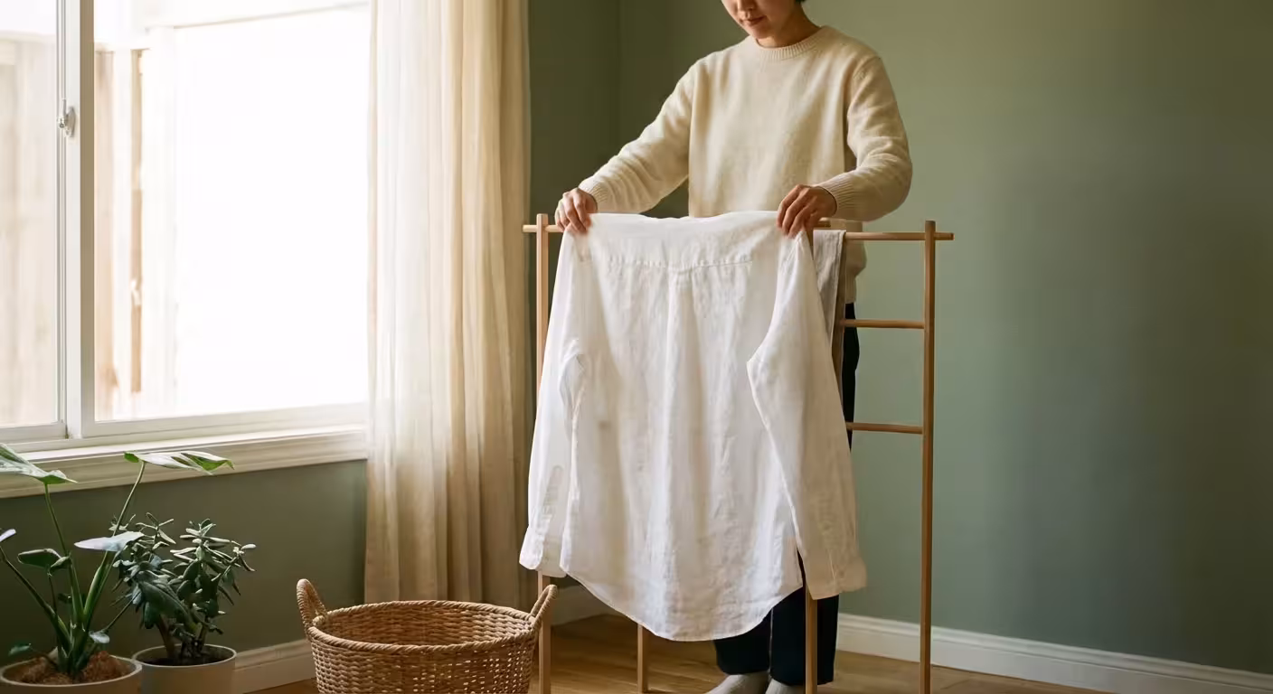 A person hanging white laundry on a wooden drying rack in a sun-filled, modern room.