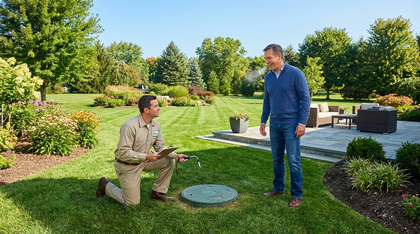 A professional technician and a homeowner inspecting a septic system in a green backyard.