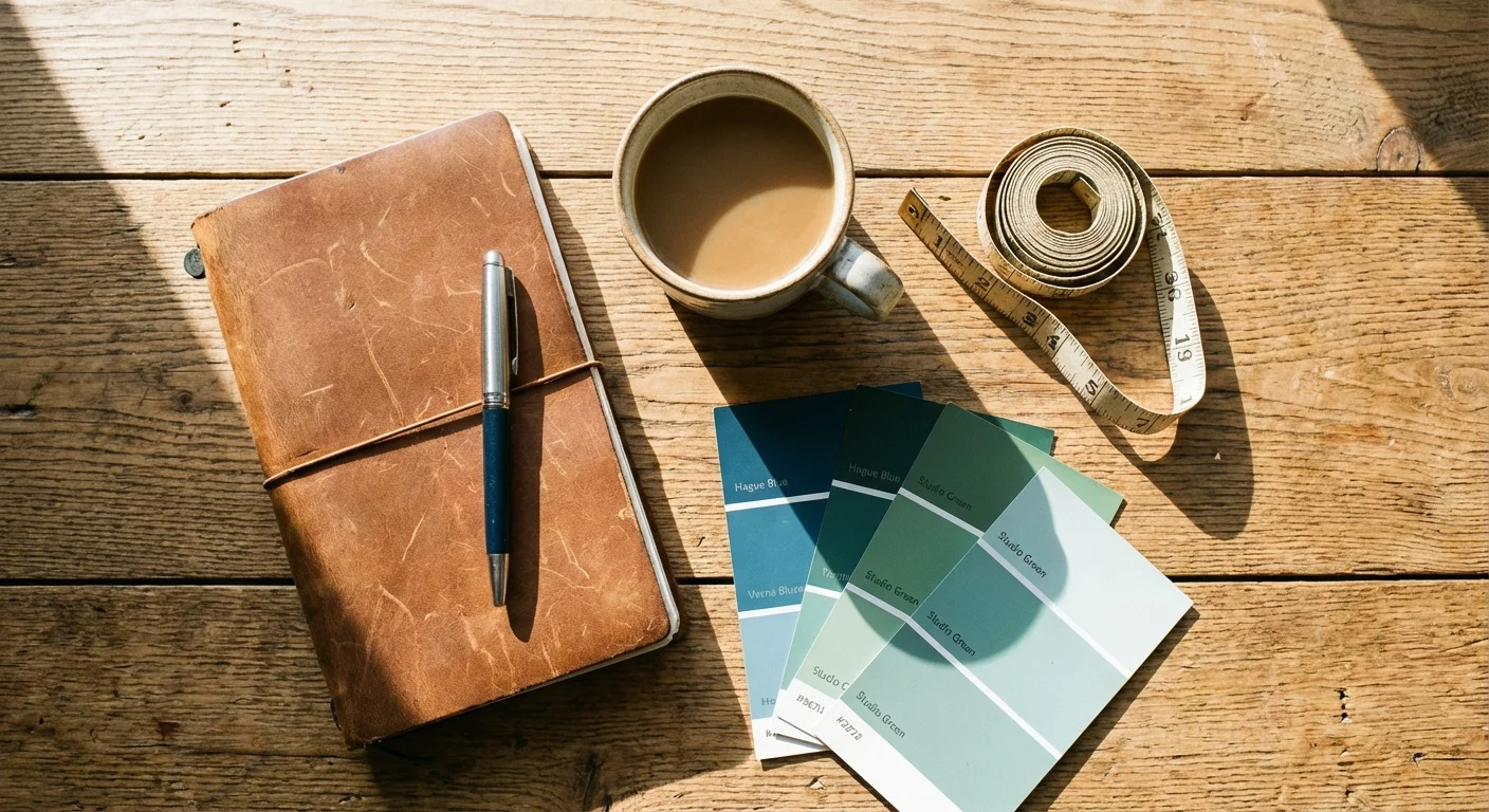 Flat lay of car keys, a smartphone, and a checklist on a wooden table.
