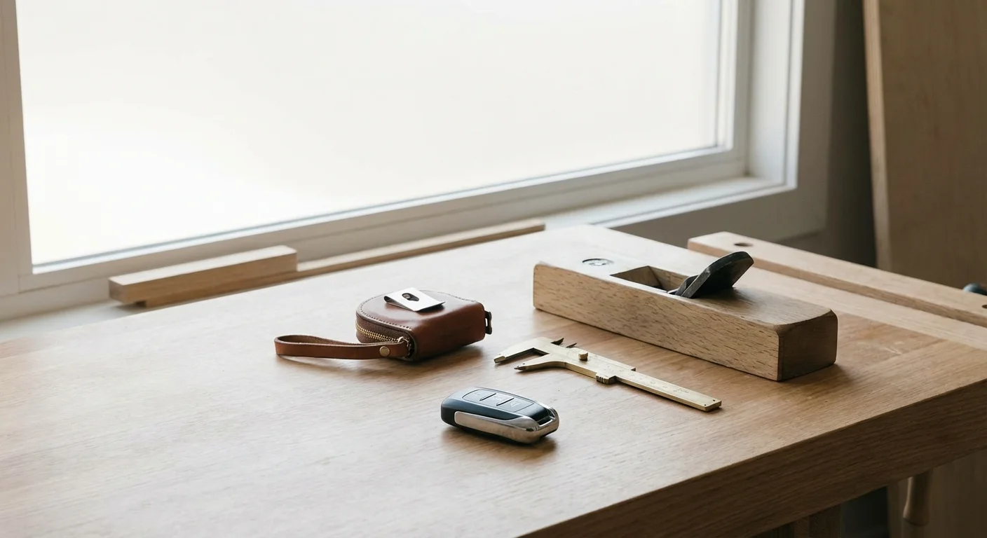 A clean workbench with tools and a car key, symbolizing the choice between DIY and professional repair.