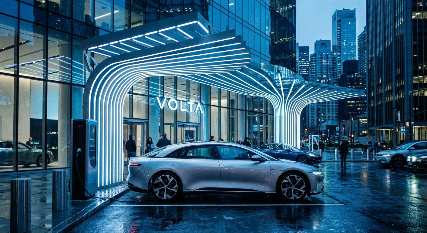A modern public electric vehicle charging station in a city at night.