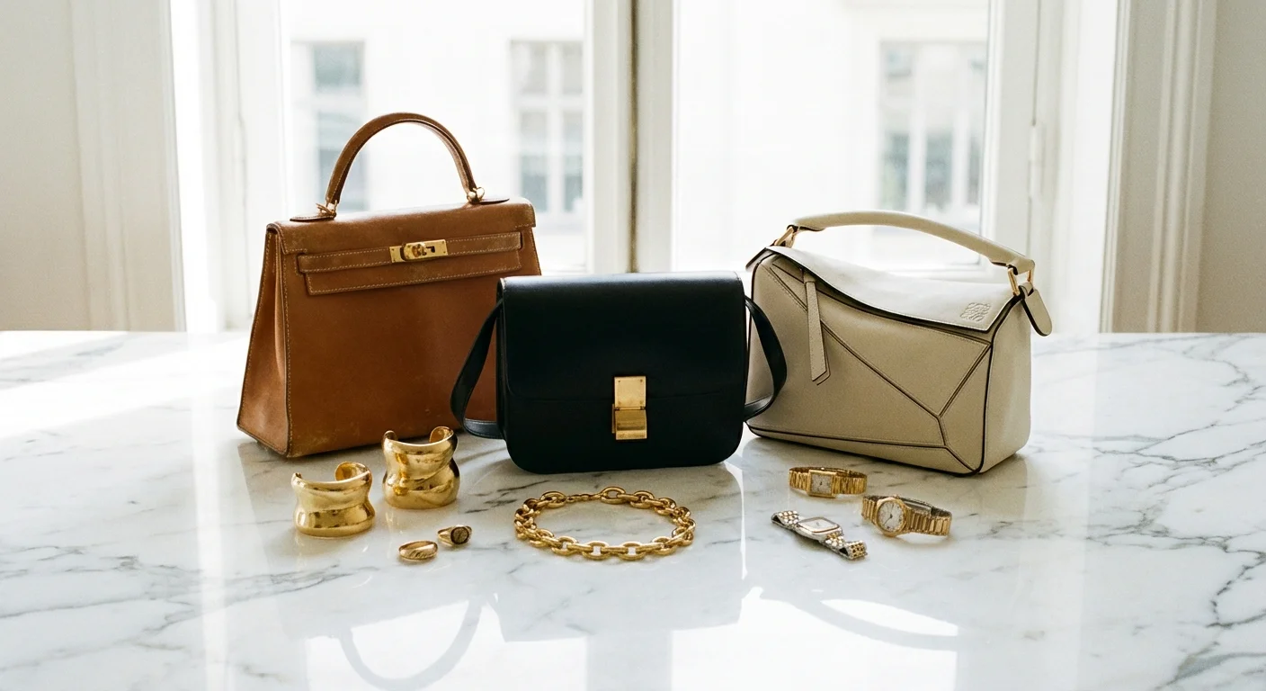 A collection of luxury leather bags and gold jewelry arranged on a marble surface.