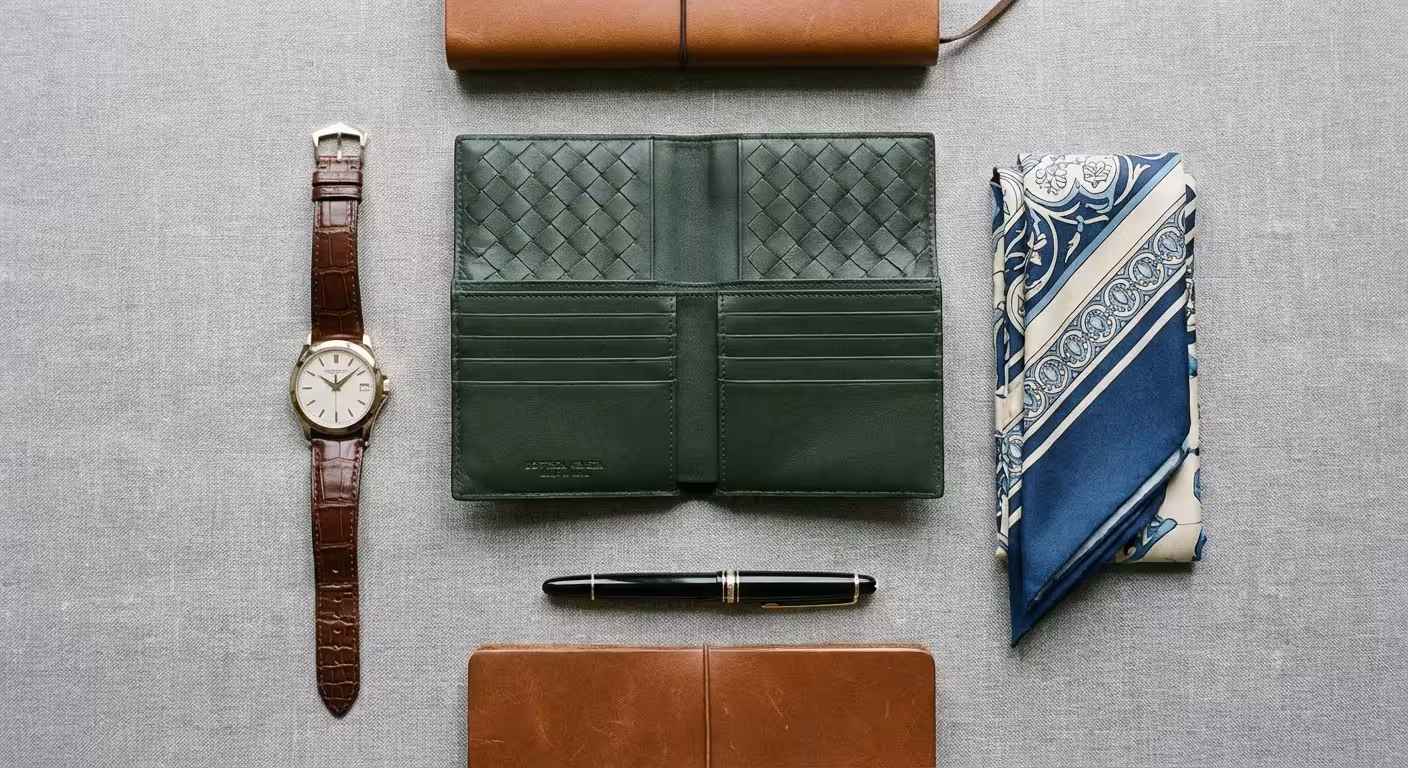 A neat flat-lay of luxury accessories including a watch and a silk scarf.
