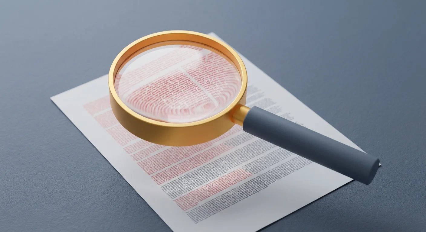 A magnifying glass hovering over a document with highlighted red areas.