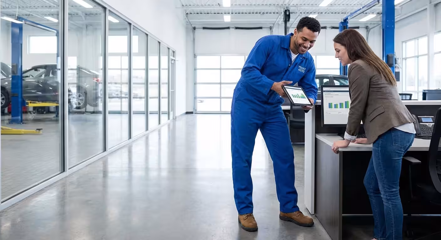 A mechanic and a car owner discussing a report in a modern service center.