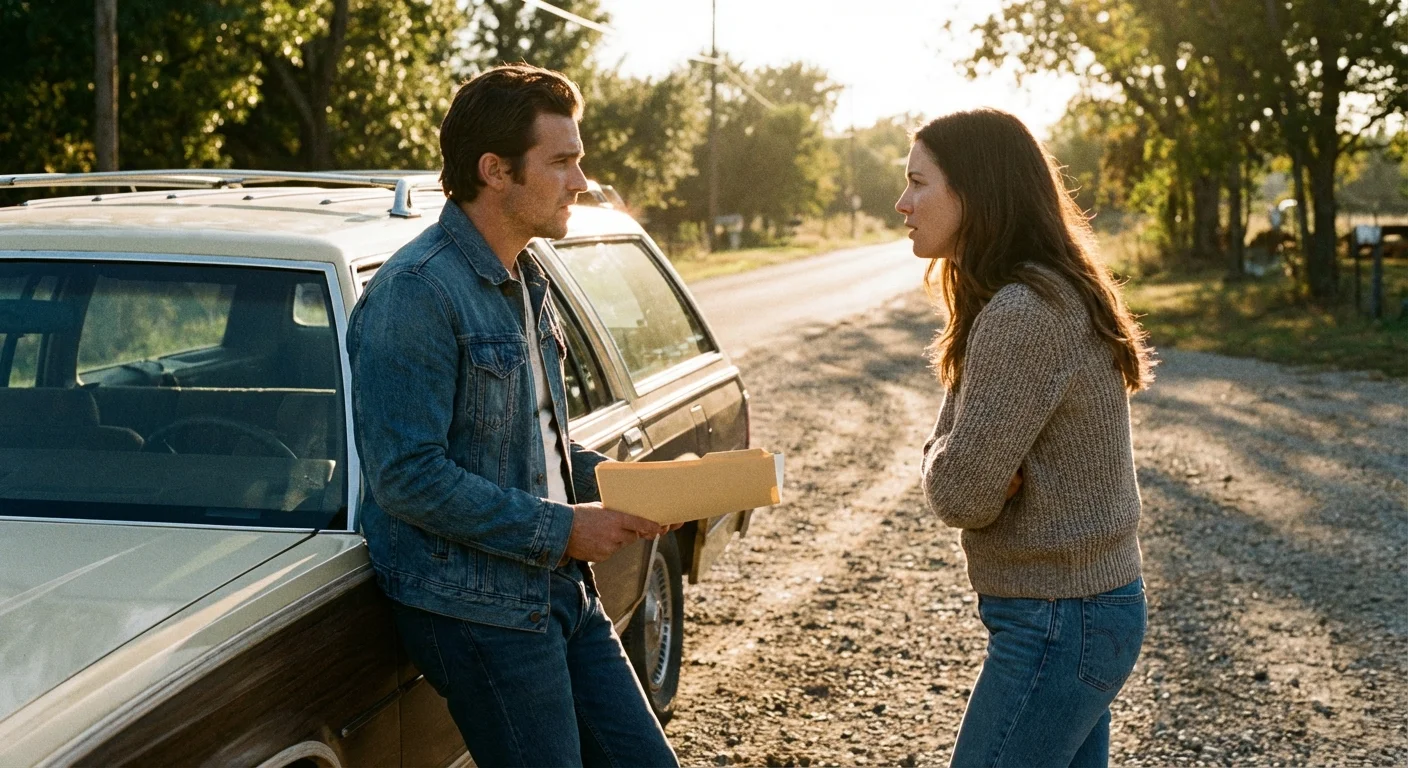Two people talking seriously but friendly next to a parked car.