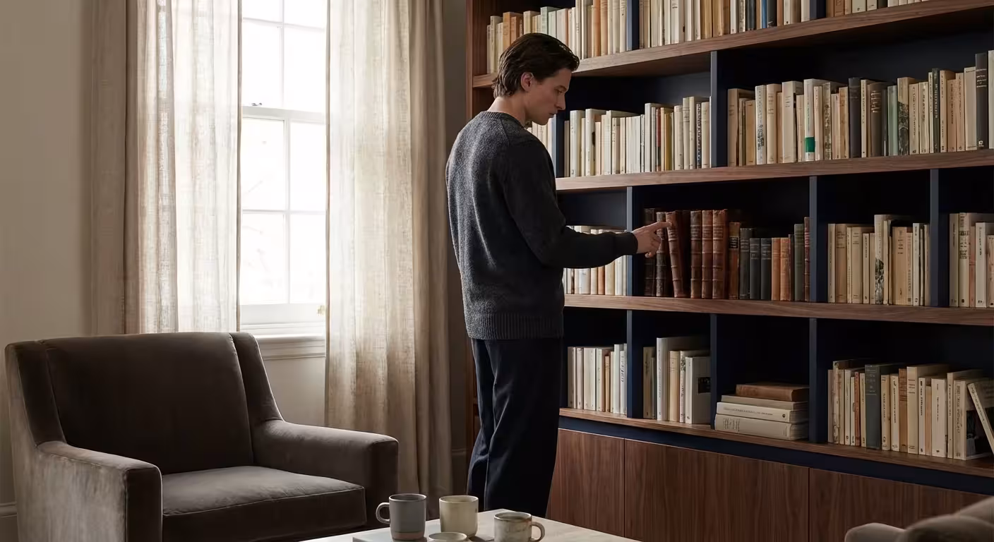 A person looking thoughtfully at books in a modern, sunlit home library.