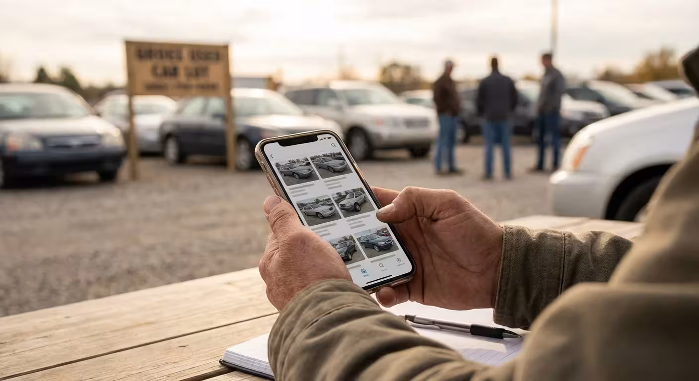 Close-up of hands holding a phone looking at car listings at a dealership.