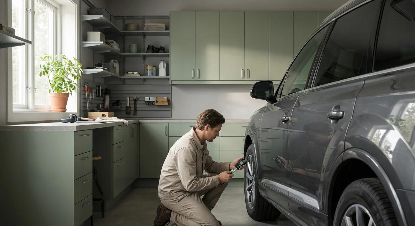 A car owner proactively checking tire tread in a well-lit garage.