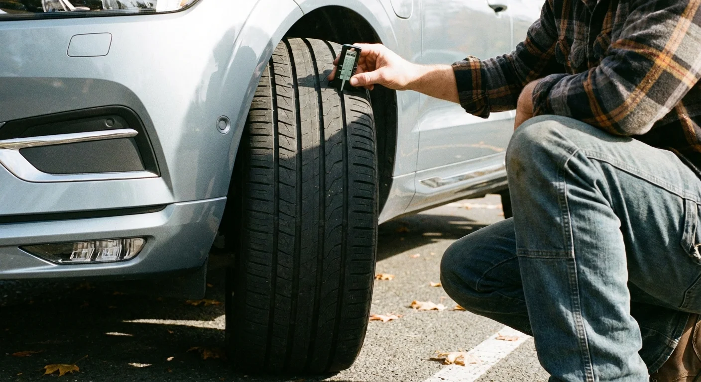 A person checking the tire tread depth of a car with a gauge.