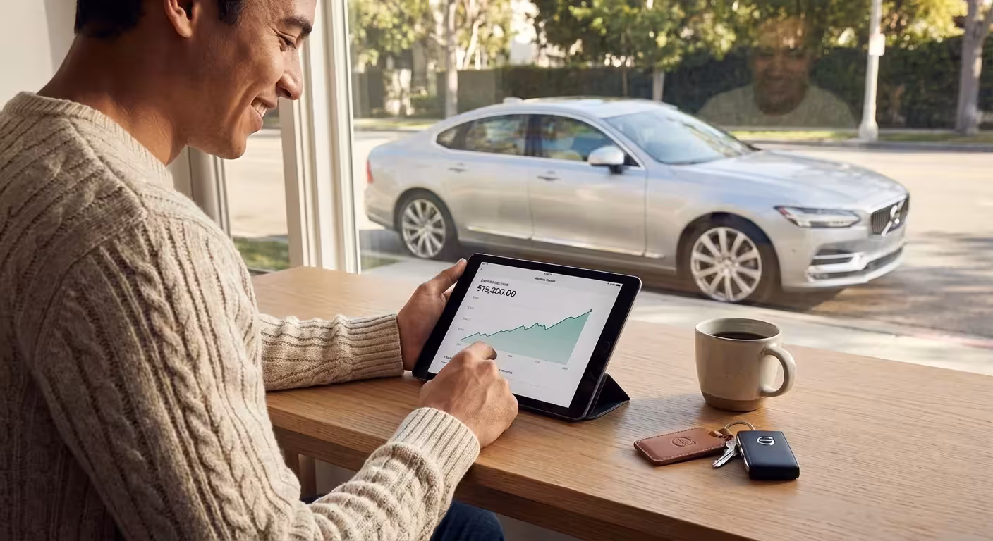 A person checking their savings on a tablet next to car keys, illustrating financial growth.