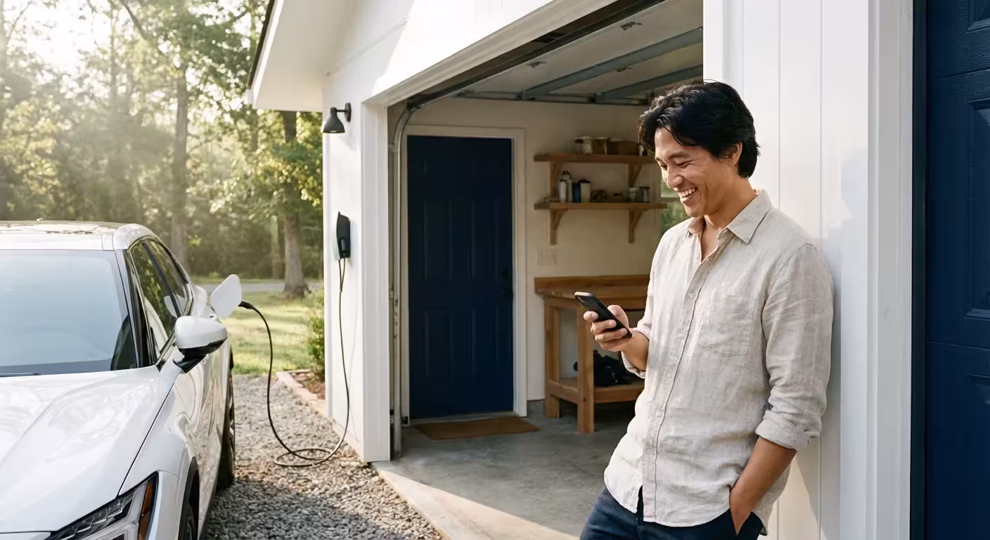 A person relaxing at home while their electric vehicle charges in the garage.