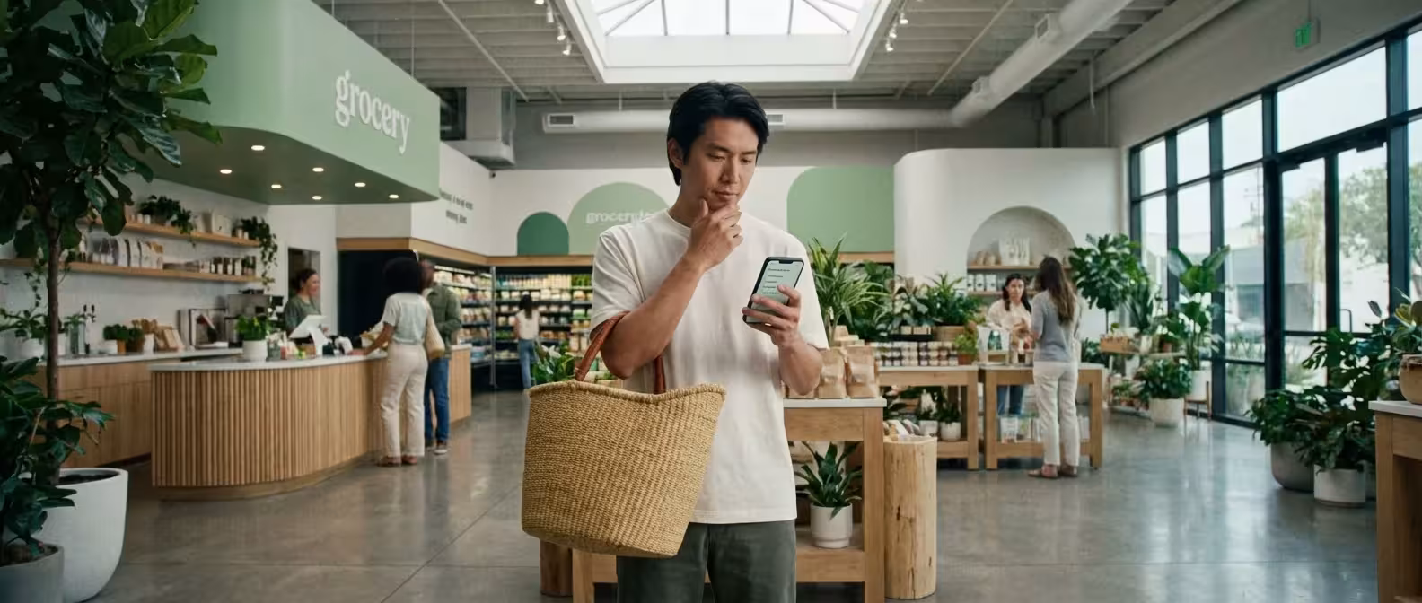 A shopper thoughtfully planning their budget in a modern grocery store.