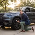 Man kneeling on a sunny driveway checking the tire pressure of a grey luxury SUV