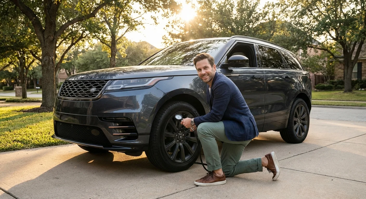 Man kneeling on a sunny driveway checking the tire pressure of a grey luxury SUV