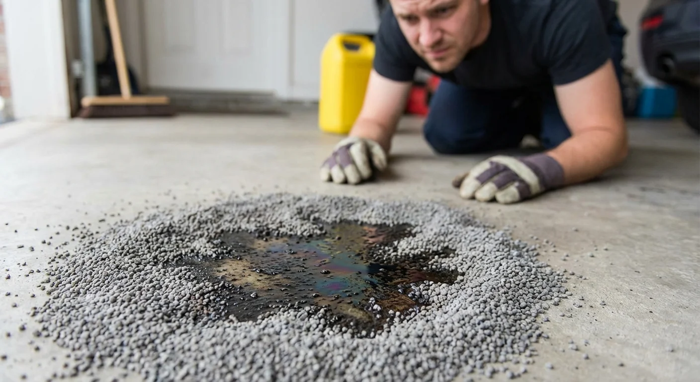 An oil spill on a garage floor being cleaned up, illustrating potential DIY mishaps.