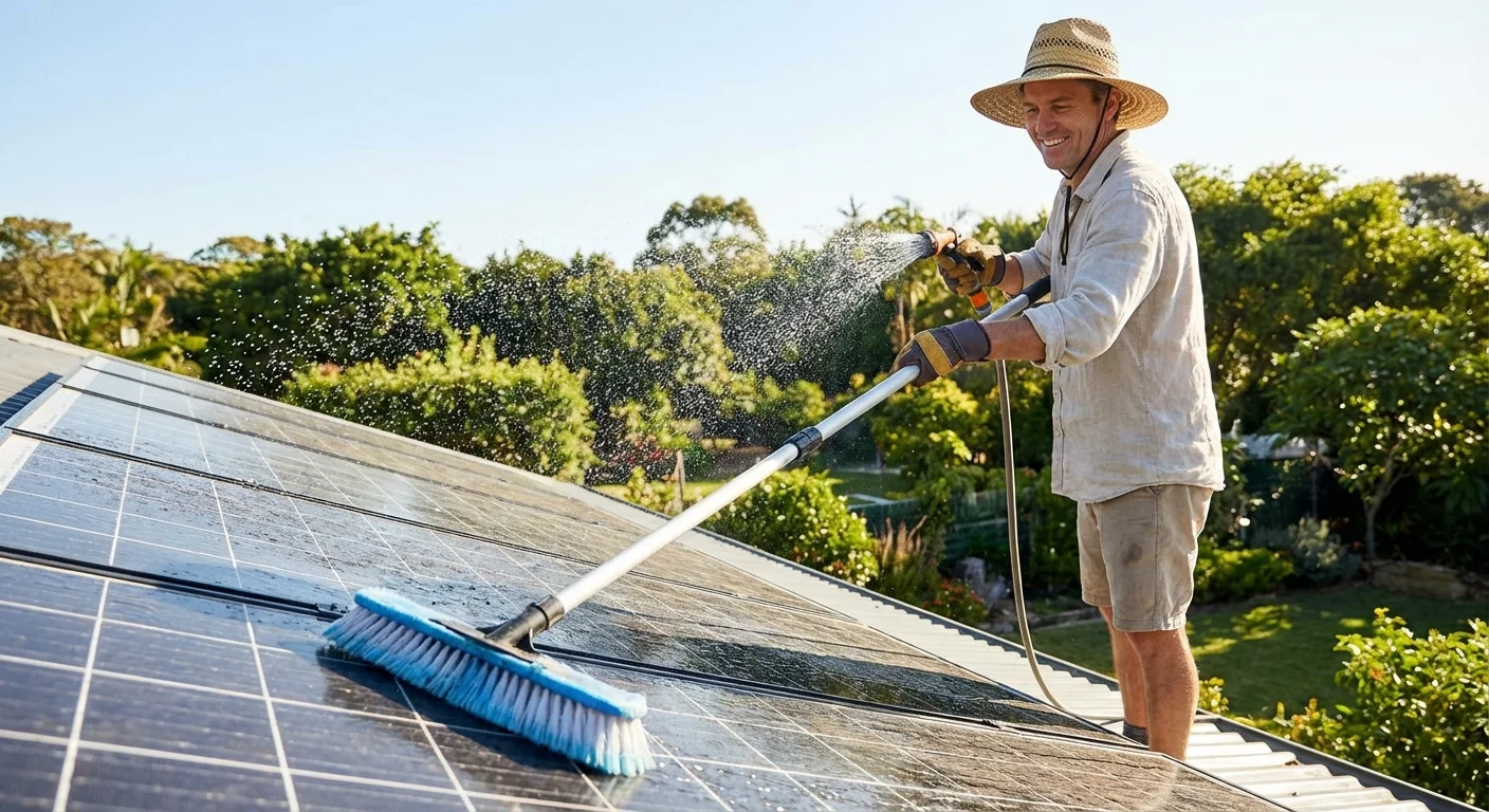 A homeowner easily cleaning solar panels with a soft brush and water.