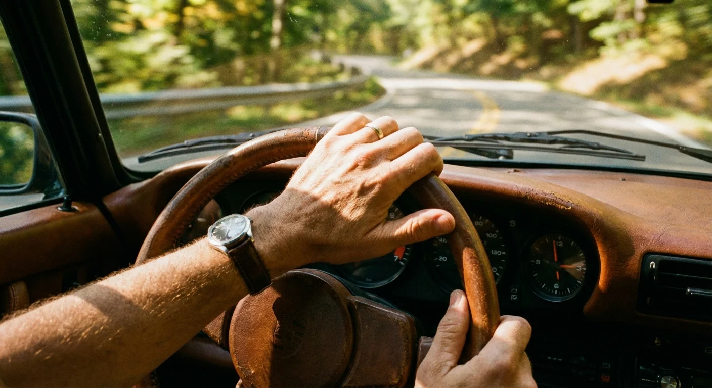 Close-up of hands on a steering wheel, driving on a sunny road.