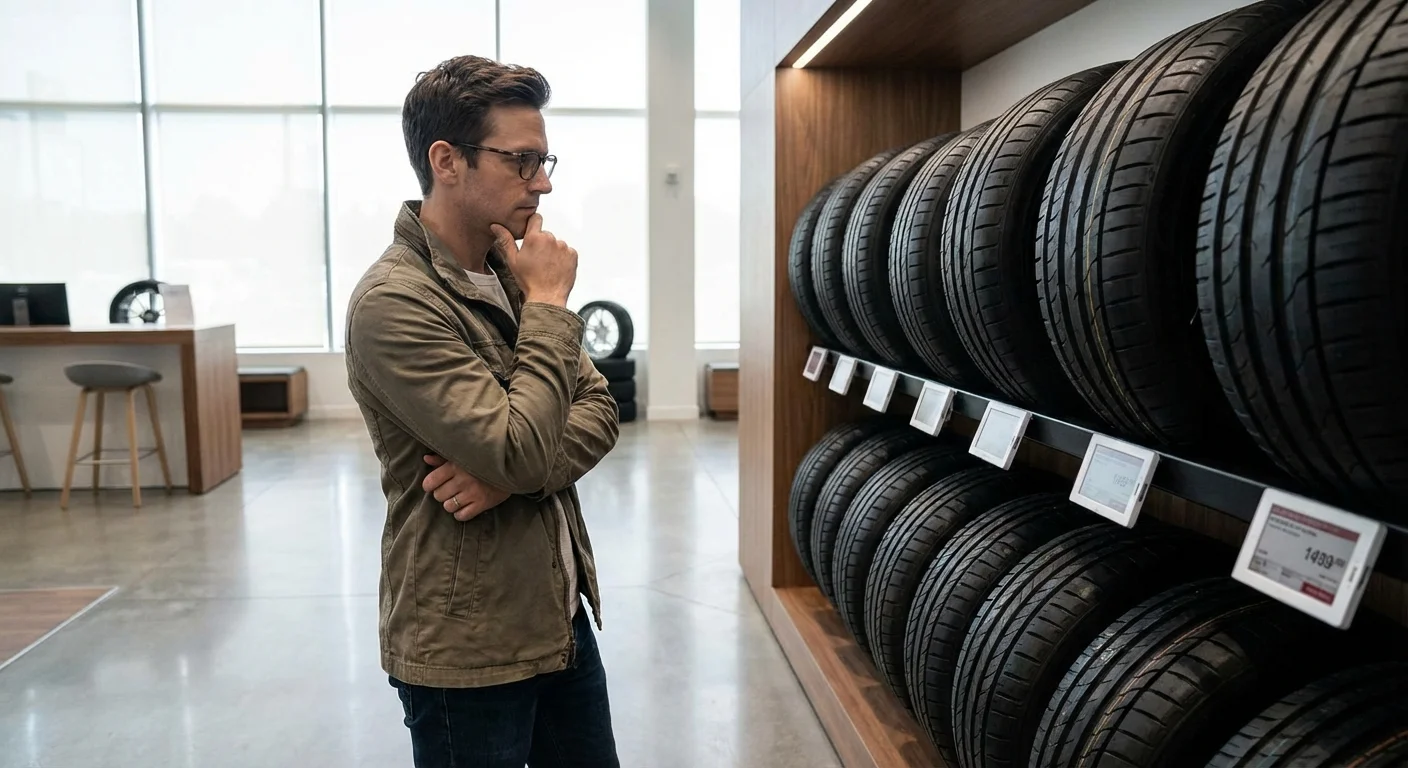 A smart shopper thoughtfully evaluating different tire brands in a bright store.