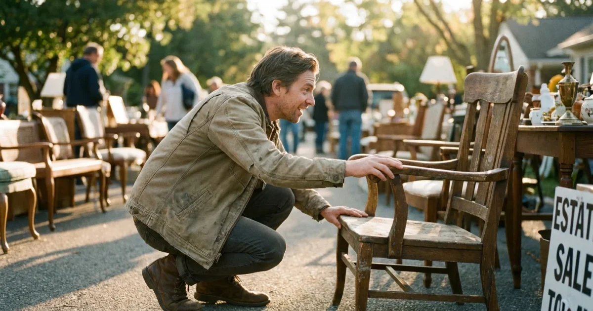 Man in tan jacket inspecting a vintage wooden chair at an outdoor estate sale.