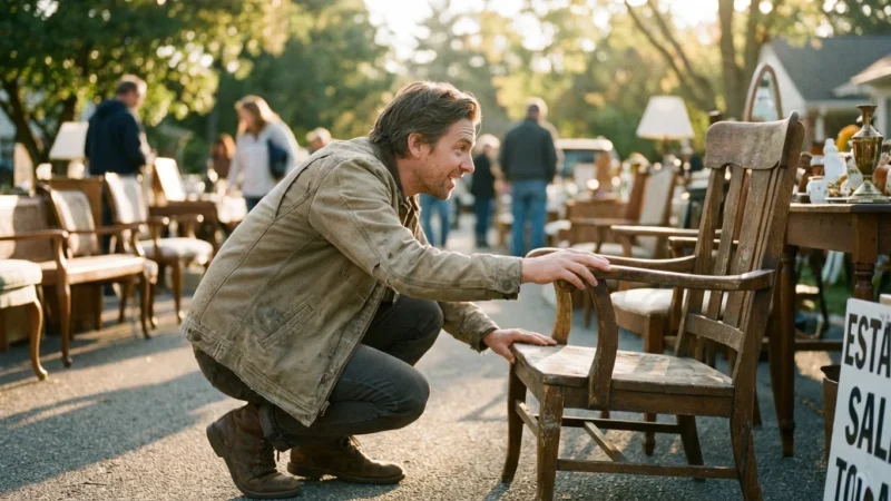 Man in tan jacket inspecting a vintage wooden chair at an outdoor estate sale.
