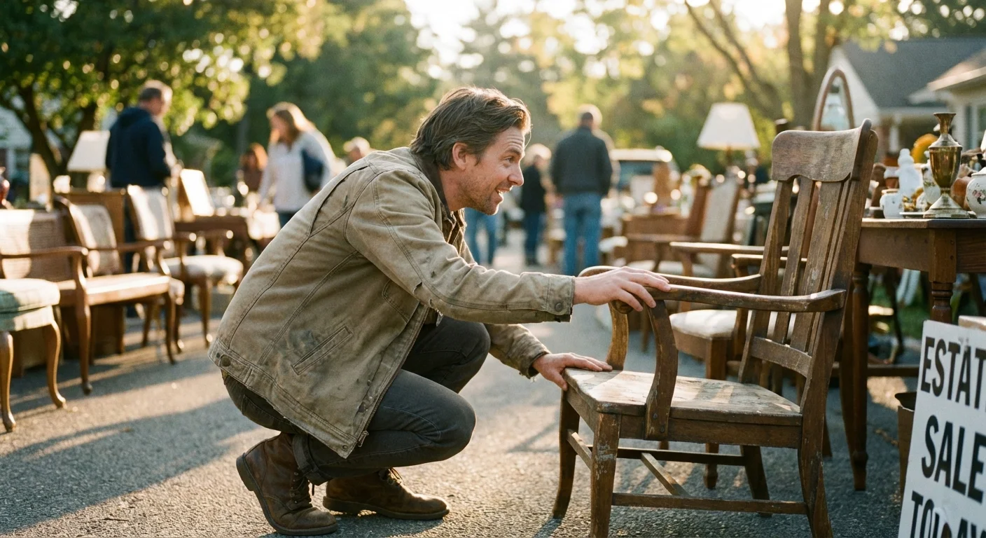 Man in tan jacket inspecting a vintage wooden chair at an outdoor estate sale.