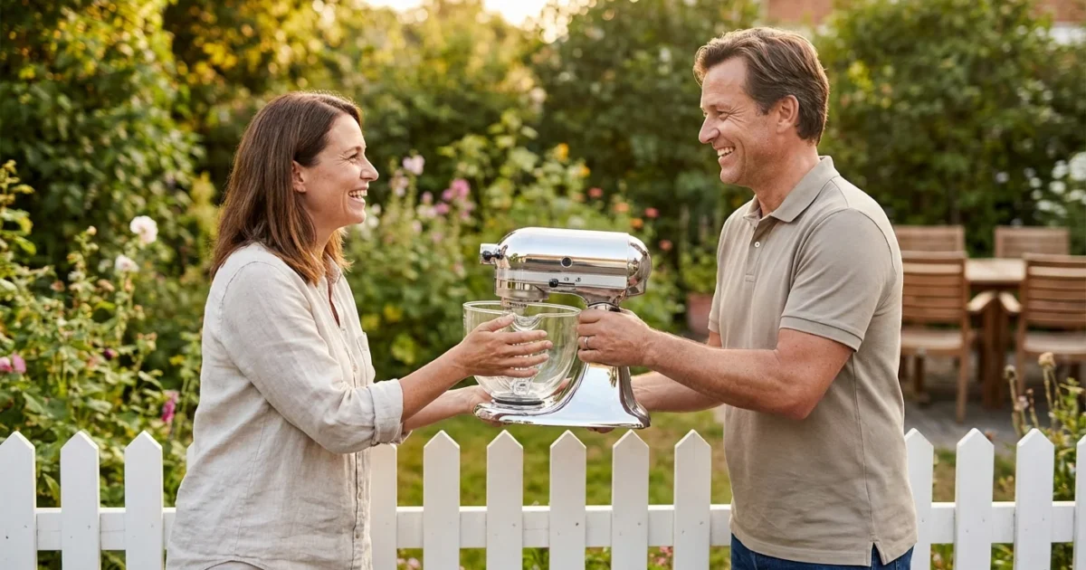 Man handing a silver stand mixer to a woman over a white garden fence.
