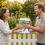 Man handing a silver stand mixer to a woman over a white garden fence.