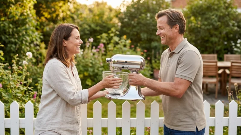 Man handing a silver stand mixer to a woman over a white garden fence.