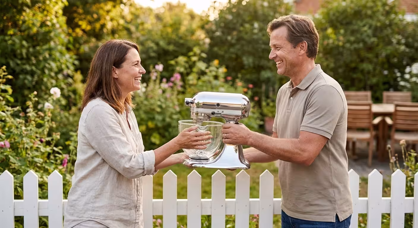 Man handing a silver stand mixer to a woman over a white garden fence.