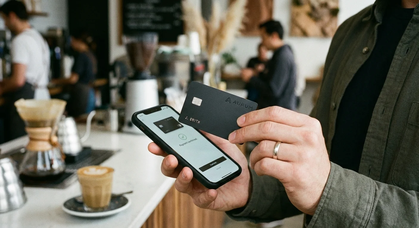 Close-up of a hand holding a credit card near a smartphone.