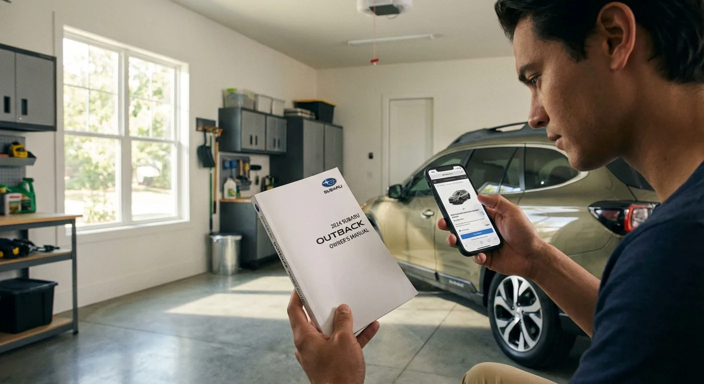 A person comparing a car manual with information on a smartphone.