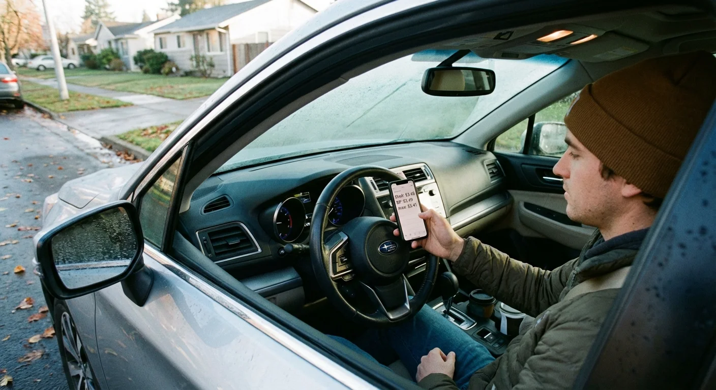 A person in a car comparing local gas prices on their phone.