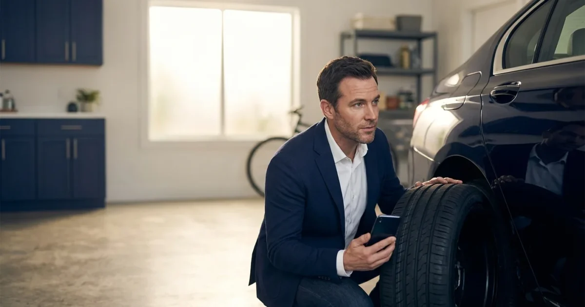 Man in a suit inspecting a car tire while holding a smartphone in a modern garage.
