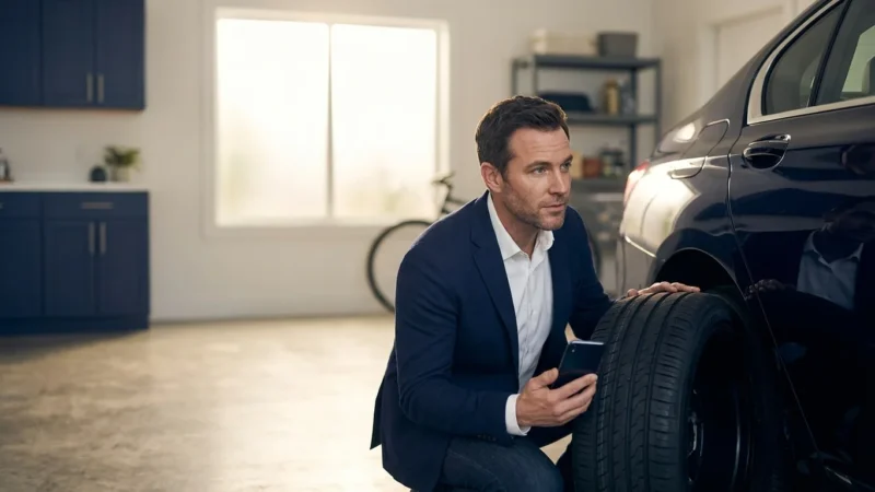 Man in a suit inspecting a car tire while holding a smartphone in a modern garage.
