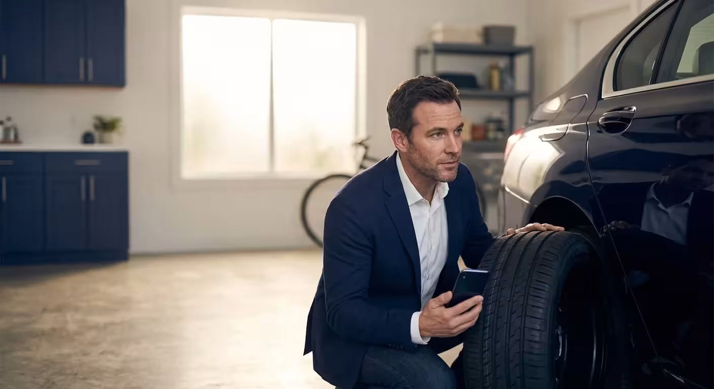 Man in a suit inspecting a car tire while holding a smartphone in a modern garage.