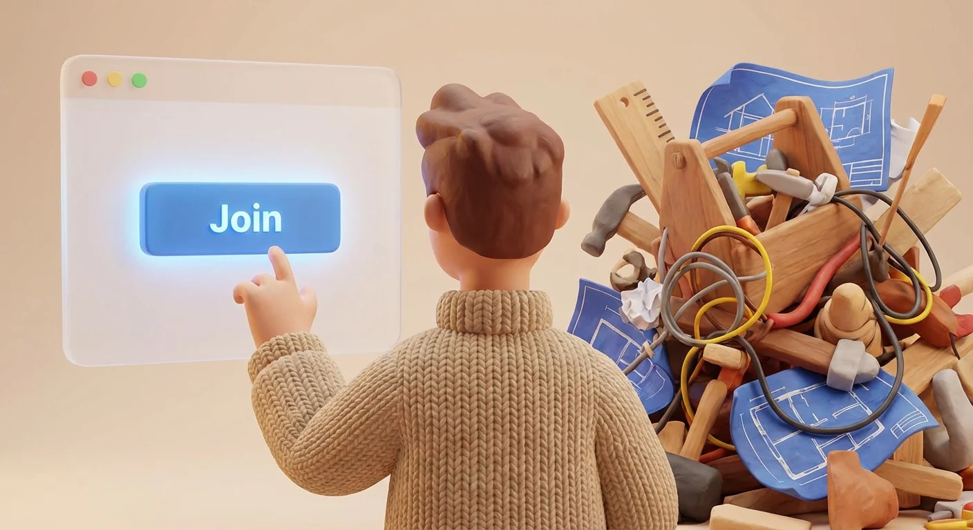 A person choosing a digital button over a pile of complex construction tools.