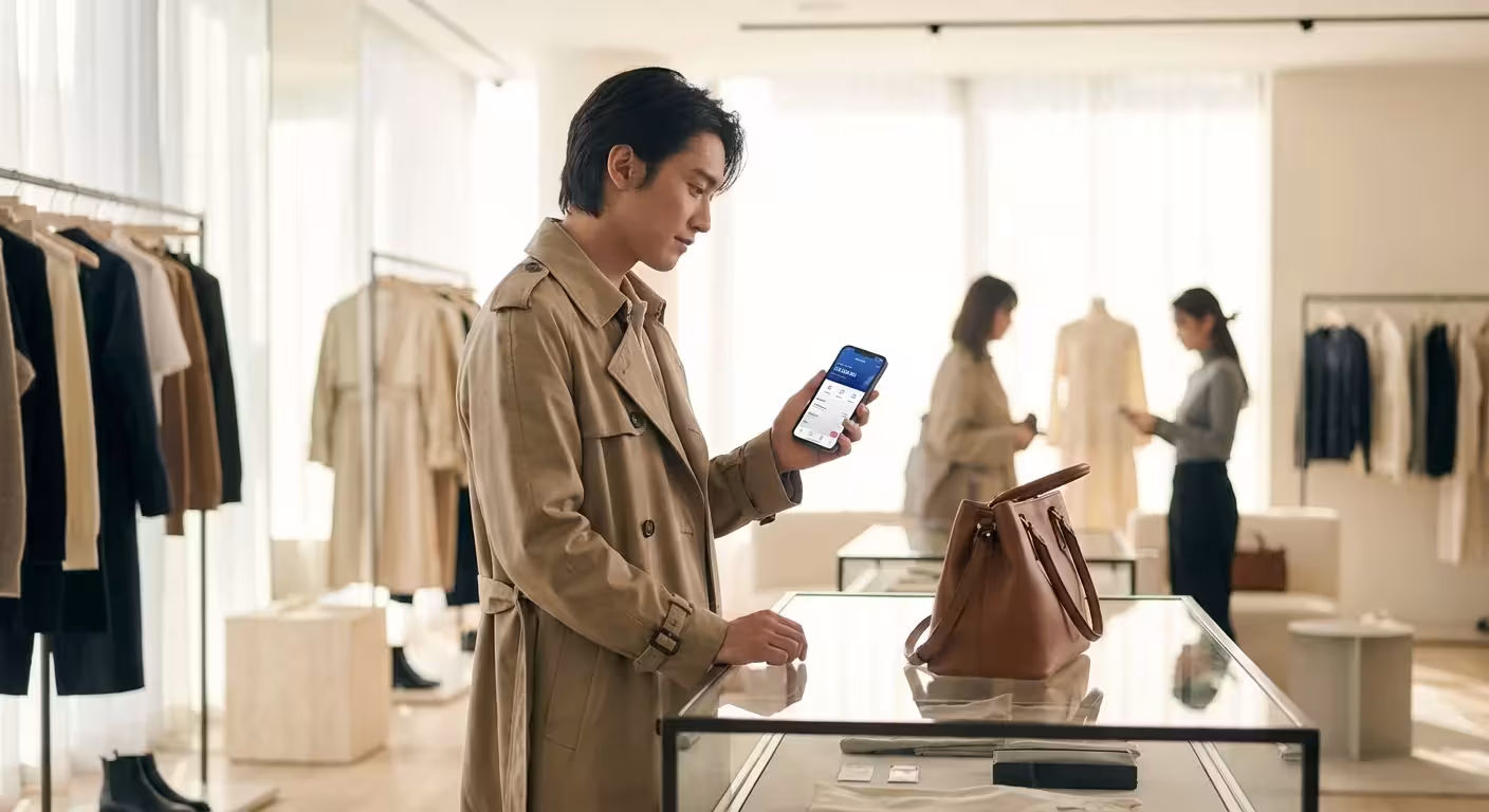 Man in a trench coat using his phone while shopping in a high-end fashion boutique.