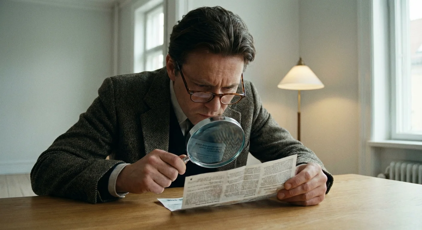 A person using a magnifying glass to inspect the fine print on a utility bill.