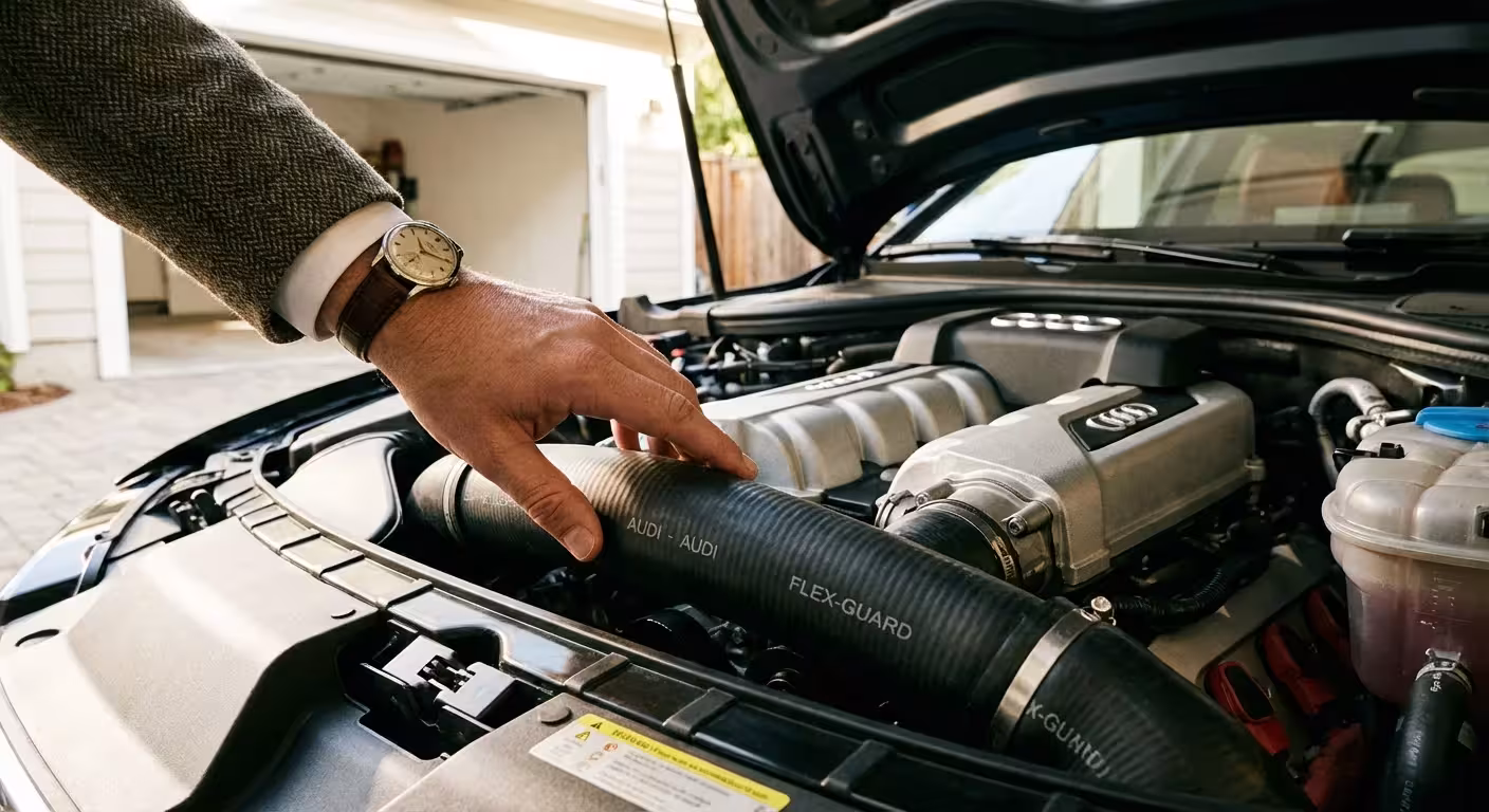 A hand inspecting a rubber coolant hose in a well-maintained engine bay.