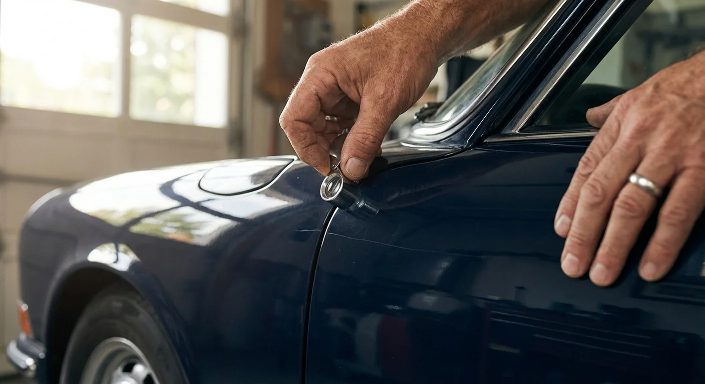 A hand inspecting the door seams and paint of a blue car.