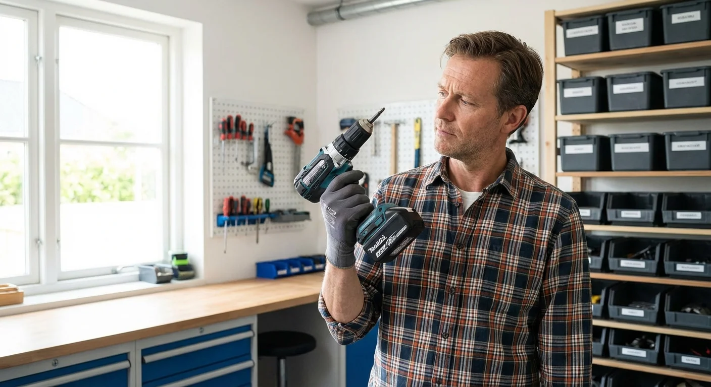 A person inspecting a power tool in a clean, organized garage.