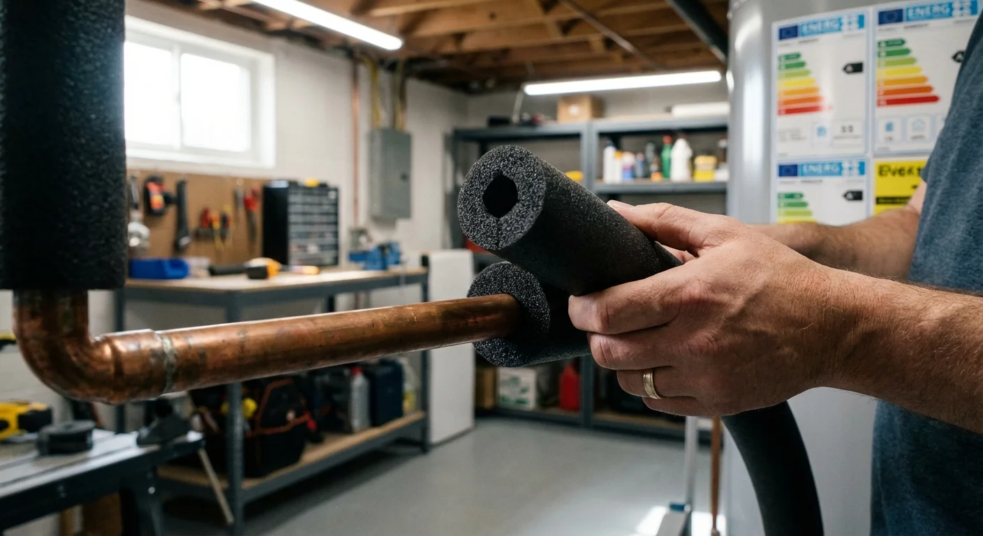 Hands installing foam insulation on a copper water pipe to prevent heat loss.