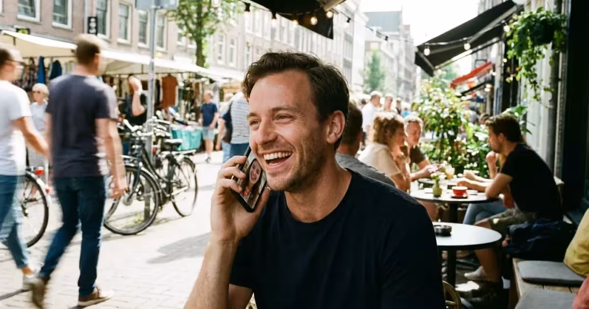 A man laughs while having a video call on his phone at an outdoor cafe.